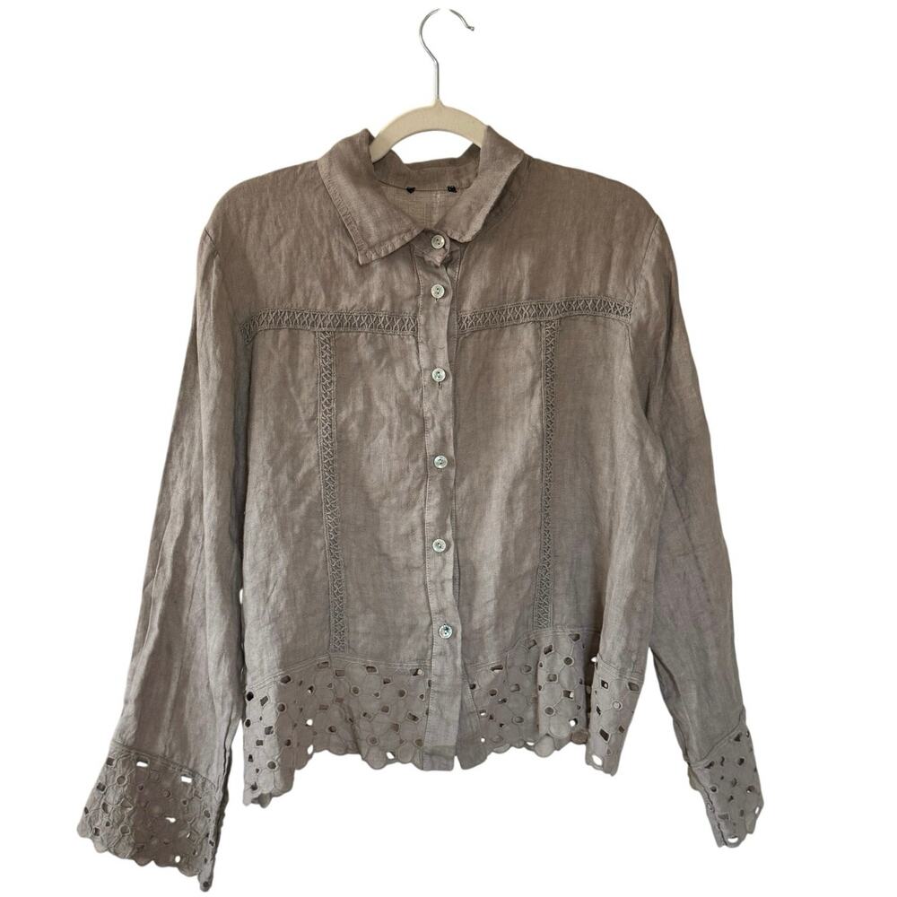 100% Linen Made In Italy Taupe Button Down Shirt Eyelet Embroidery - M/L Earthy